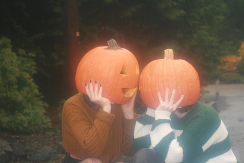 Two spooky pumpkins plot Halloween hijinks.