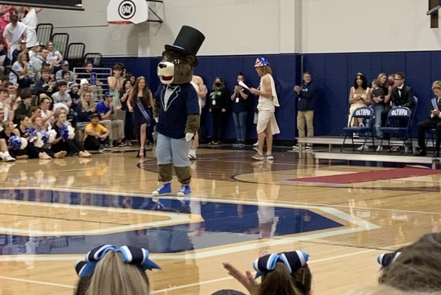 Pepper the bear during the homecoming assembly.