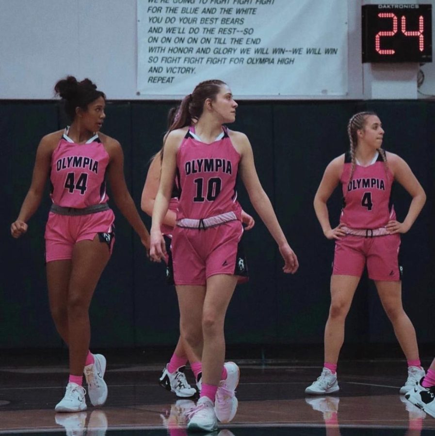 Taylor, Hannah, and Tali decked out in pink and lazer-focused on the game.