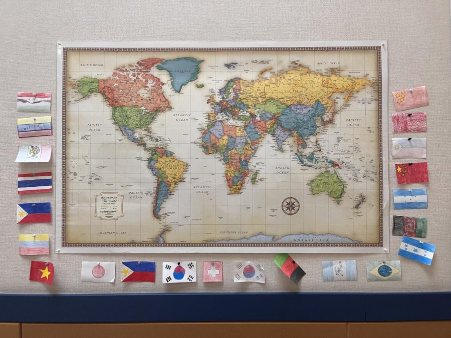 A world map that can be viewed in the 300s hallway,  featuring the world language classrooms. 