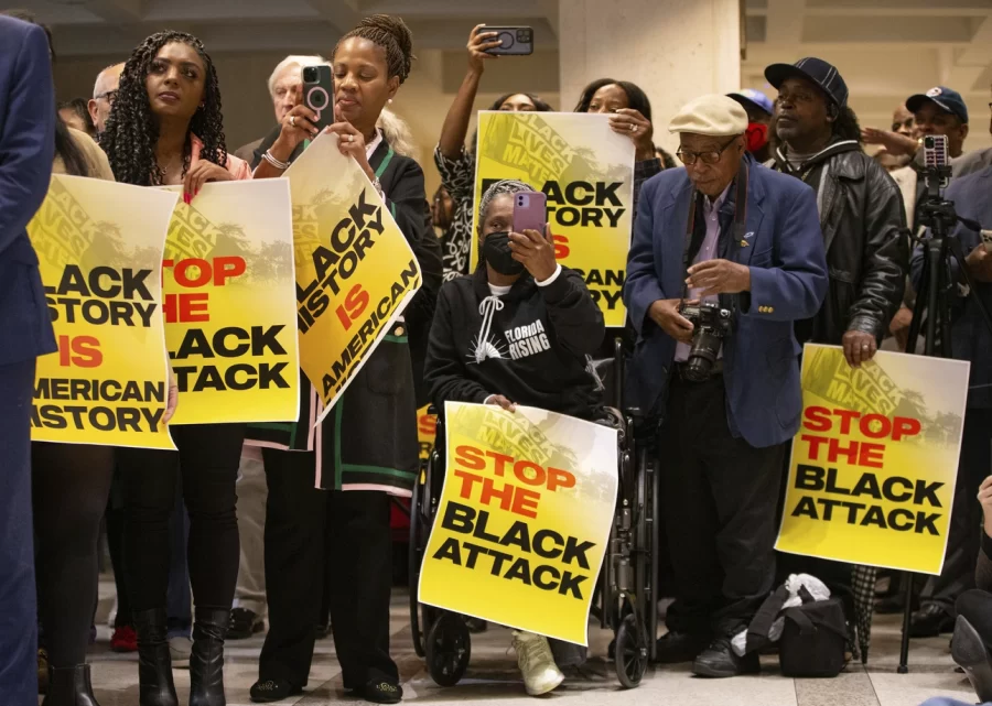 Protesters rally at the Florida Capitol on January 25, 2023, objecting to DeSantis’ AP African American Studies ban.