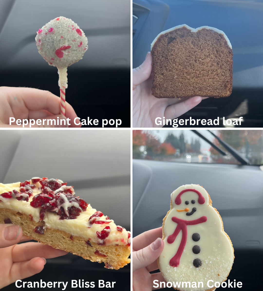 Collage of the festive holiday treats Starbucks has available. 