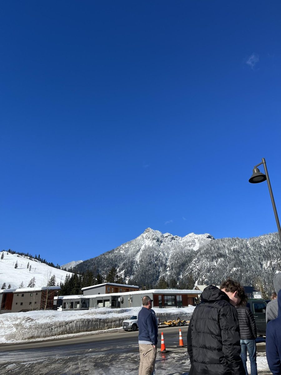 Music students take a break from the bus at the at the Snoqualmie pass rest stop.