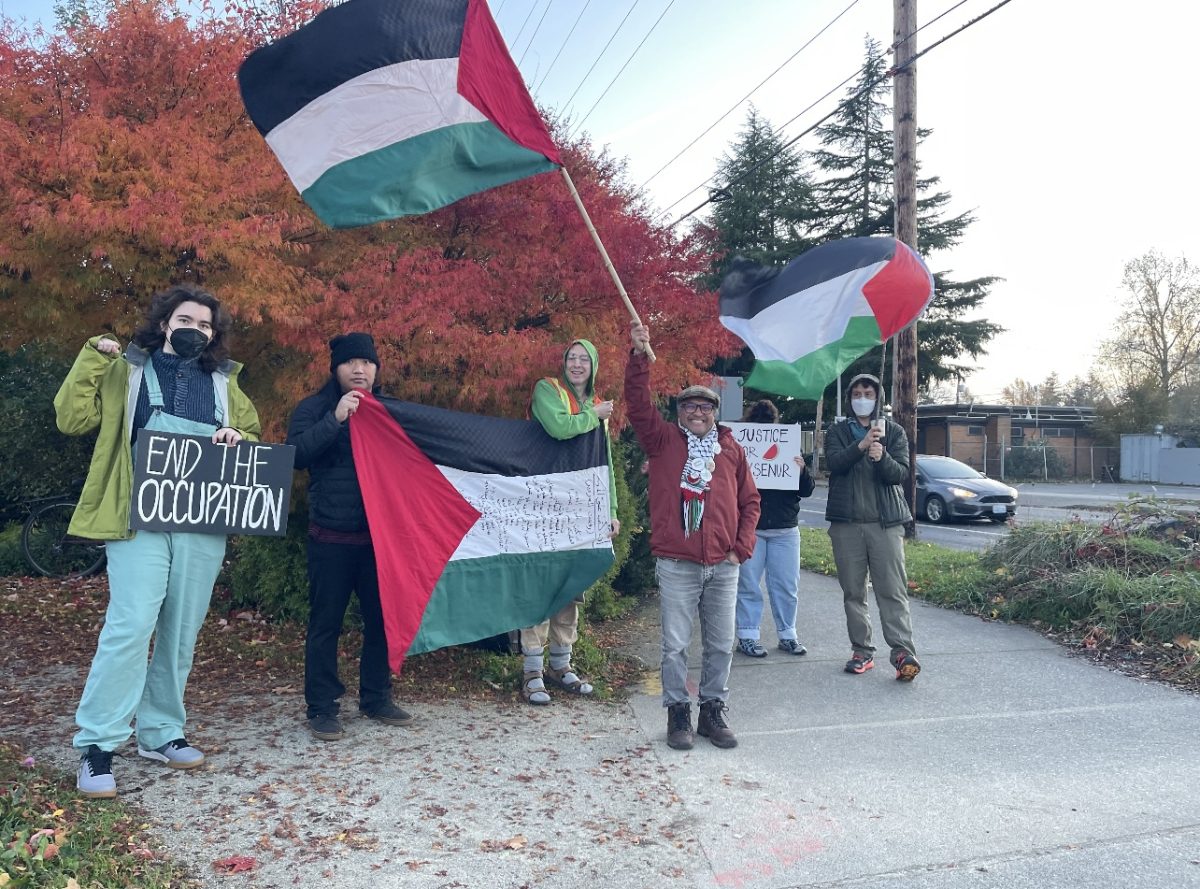 Mohamed El-Sokkary and PASS members on their way to a free Palestine protest with handmade signs and flags.